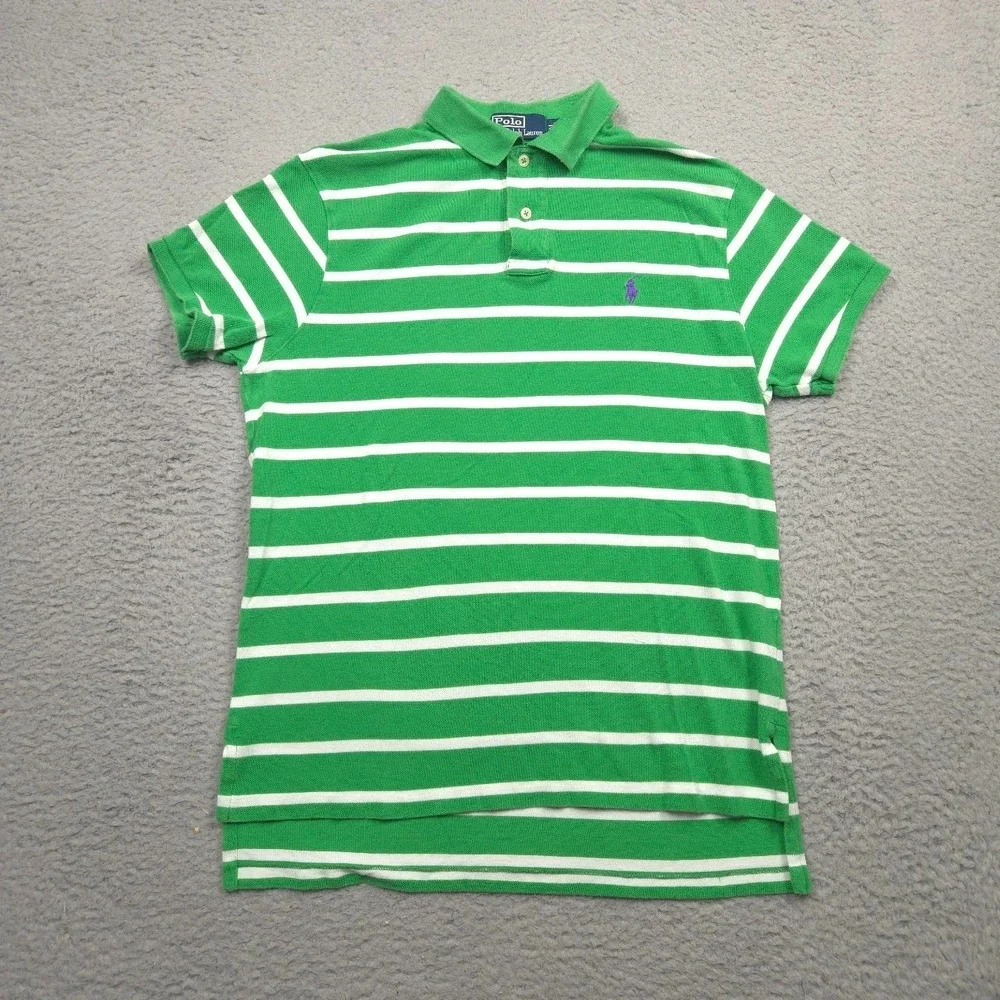 Polo Ralph Lauren Mens Medium Green White Striped Custom Fit Pony Polo Shirt